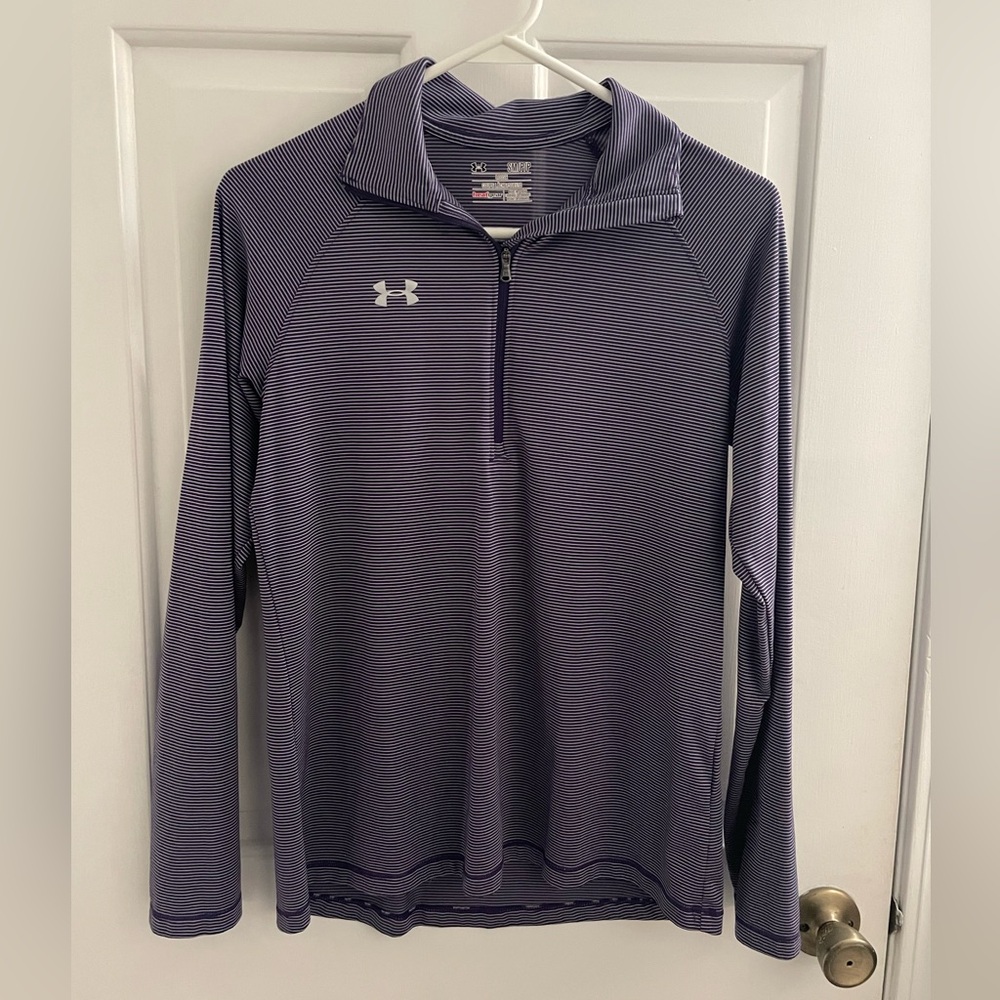 Under Armour purple/gray striped fitted pullover 1/4 zip, size small